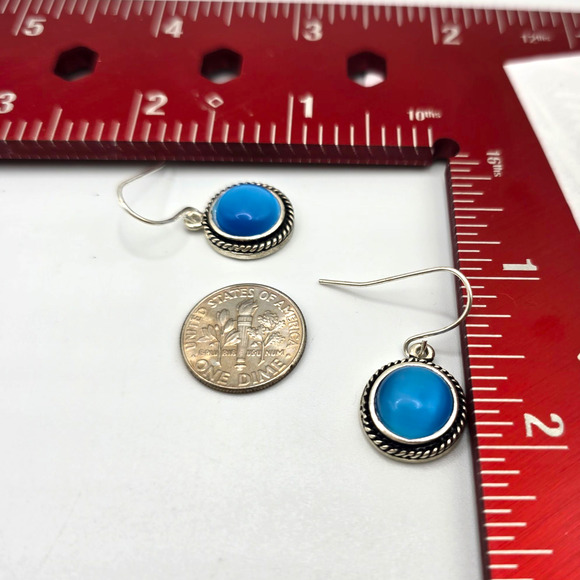 Pierced Earrings Blue Cat’s Eye Cabochon Round Rope Bezel Silver Tone Retro - Picture 8 of 10